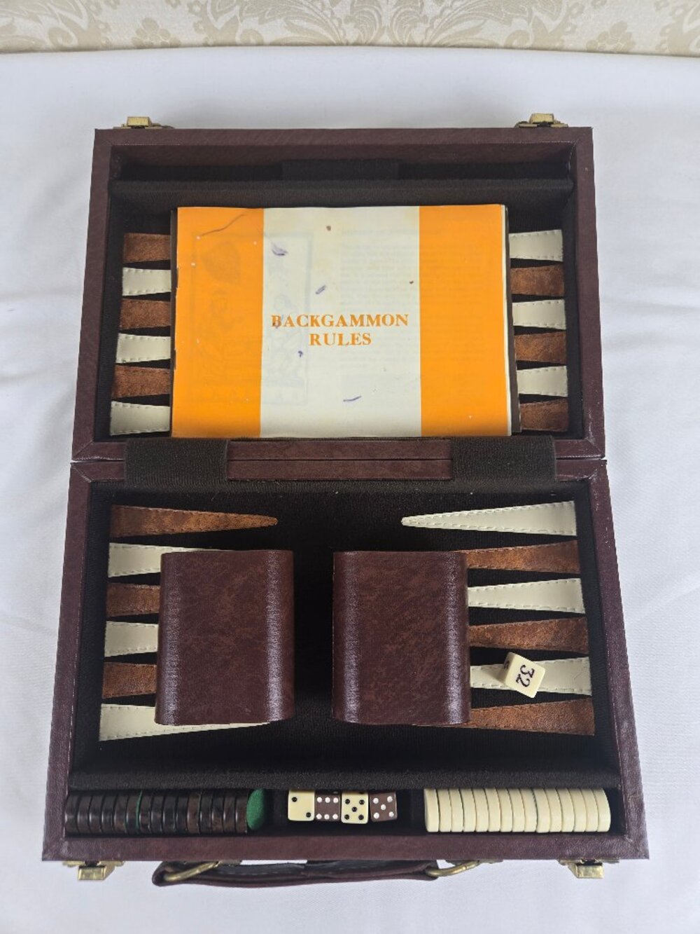 Vintage Backgammon Game in Brown Travel Briefcase Cups Dice Chips Instructions